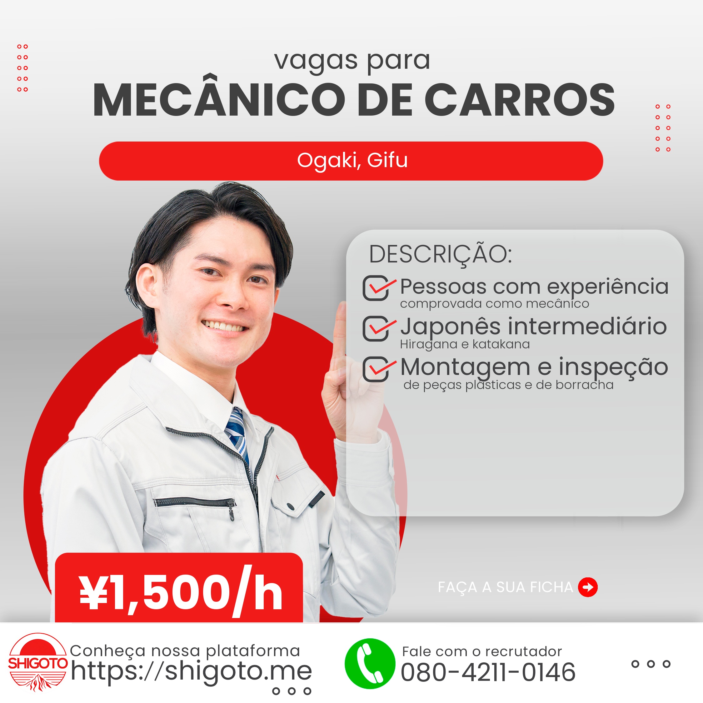 Oportunidade de atuar como mecânico de carros em Gifu