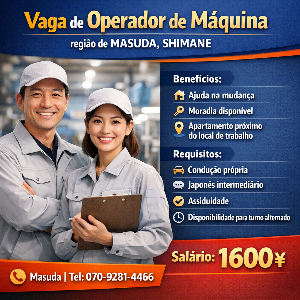Vaga de Operador de Maquina regiao de MASUDA, SHIMANE