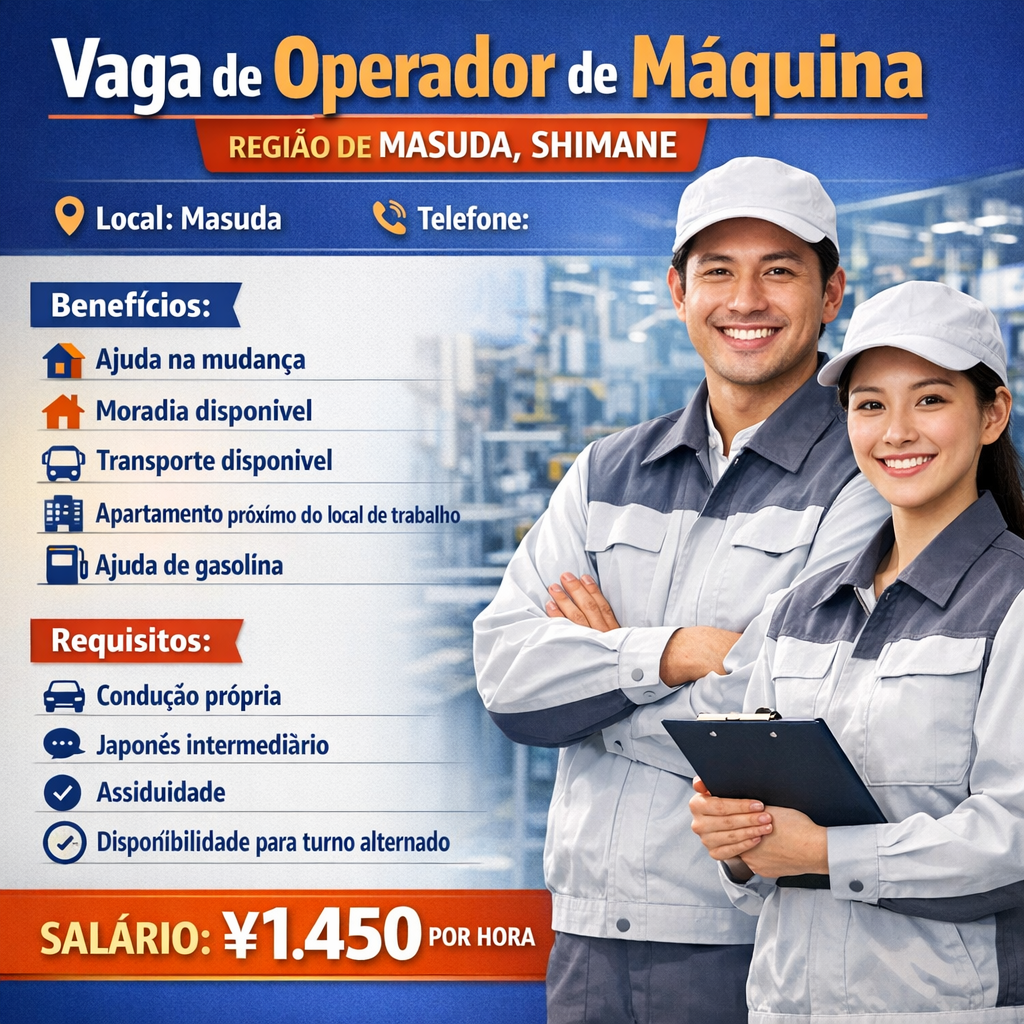 Vaga de Operador de Maquina regiao de MASUDA, SHIMANE